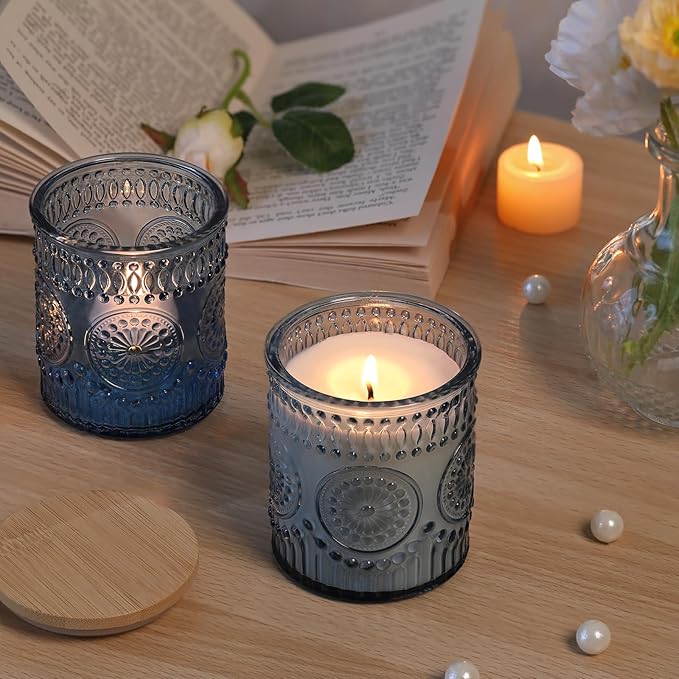 DARJEN 10 Pack Blue Candle Jars for Making Candles- 7.5 OZ Empty Glass Candle Making Jars with Bamboo Lids and Labels, Candle Making Supplies Candle Containers for DIY Gifts