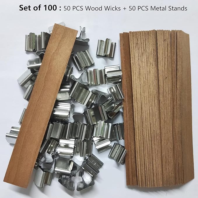 Thick Candle Wood Wicks 0.75 x 5.12 inch Wooden Candle Wicks for Candle Making - 100PCS Natural Candle Wick Smokeless Crackling Wood Wicks with Wick Clips Holders Metal Base