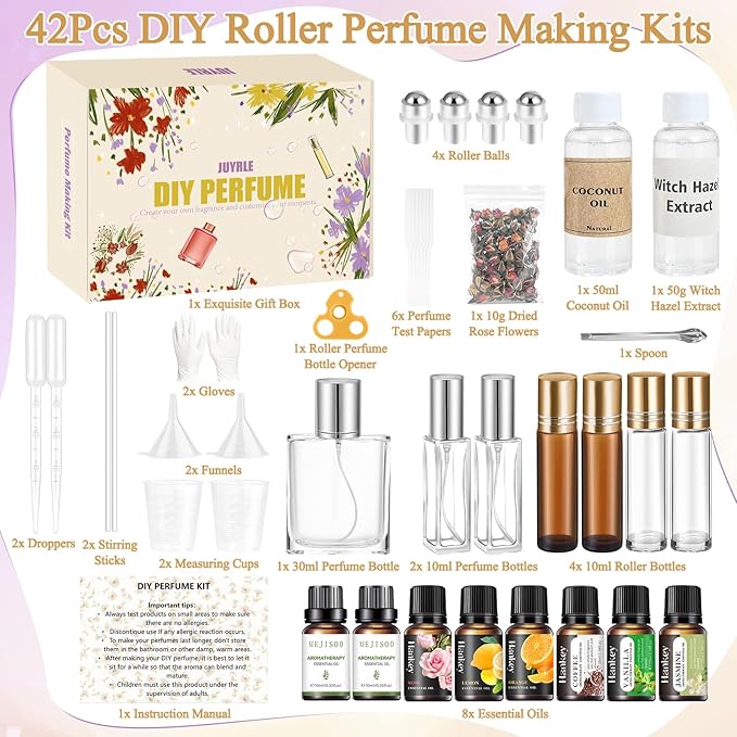 JUYRLE Perfume Making Kit- DIY Roller Perfume Making Kits for Women, Make Your Own Scent with Essential Oil, Bottle, Roller Fragrance Set, Fragrance Gifts for Women Girls