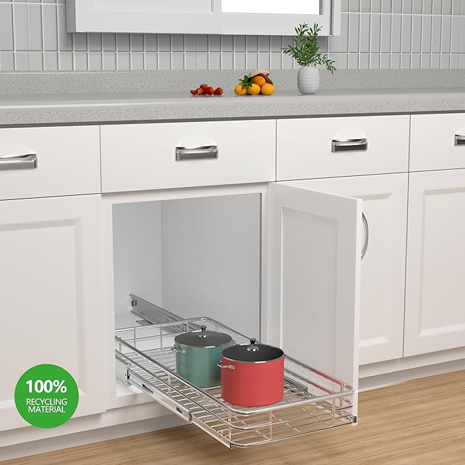 JOWBOOW Sliding Cabinet Organizer Pull Out Shelves (11.7" W x 21" D), Heavy-Duty Slide Out Shelf, Steel Metal Cabinet Roll Out Shelves for Kitchen Bathroom, Chrome