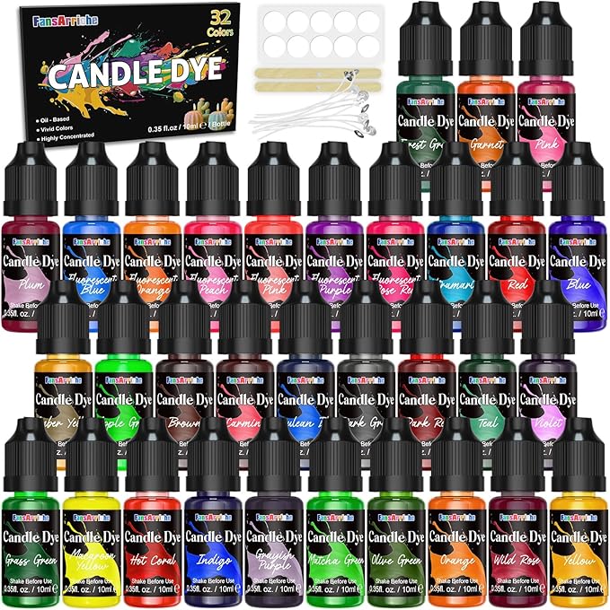 FansArriche Candle Dye - 32 Colors Liquid Oil-Based Dye for Candle Wax, Vivid Candle Color for DIY Candle Making, Highly Concentrated Natural Candle Color
