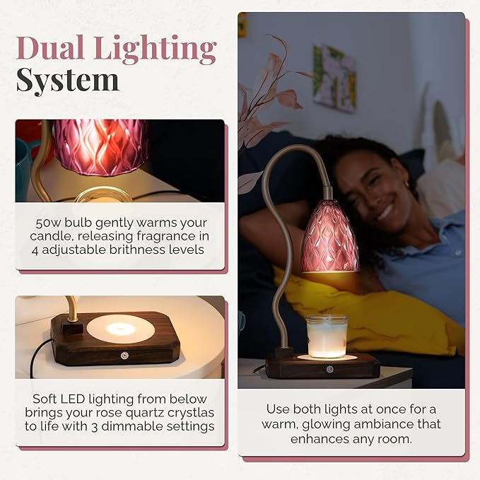 CRYSTALAX Candle Warmer Lamp + Crystal Warmer with Real Crystals, Dual Lighting (Top Candle Warmer + Crystal Glow), 2 Bulbs, Timer, Dimmable Touch Control, Luxury Gift Packaging