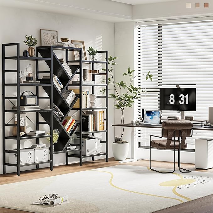 70x70” Triple 5 Tier Book Shelf, Large Wooden Bookcase with 17 Open Display Shelf, Modern Tree Bookshelf Metal Frame Tall Book Case Furniture for Living Room Bedroom Home Office Black