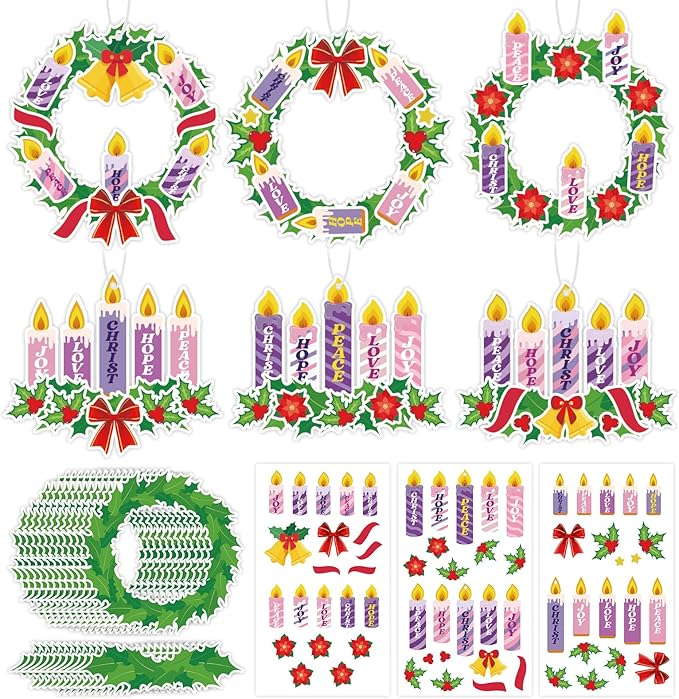 24 Sets Advent Wreath Craft Kit for Kids, DIY Make Your Own Christmas Candle Wreath Craft Activity, Religious Advent Decoration for Home Classroom School Church Family Holiday Crafts