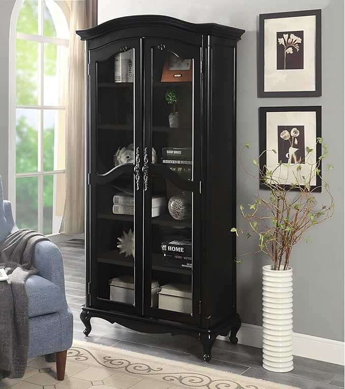 Farmhouse Arched Display Cabinet Bookcase Bookshelf with Glass Doors and Adjustable Shelves, 72" Tall 6 Tiers French Country-Inspired Wooden Curio Cabinet for Living Room, Office (Distressed Black)