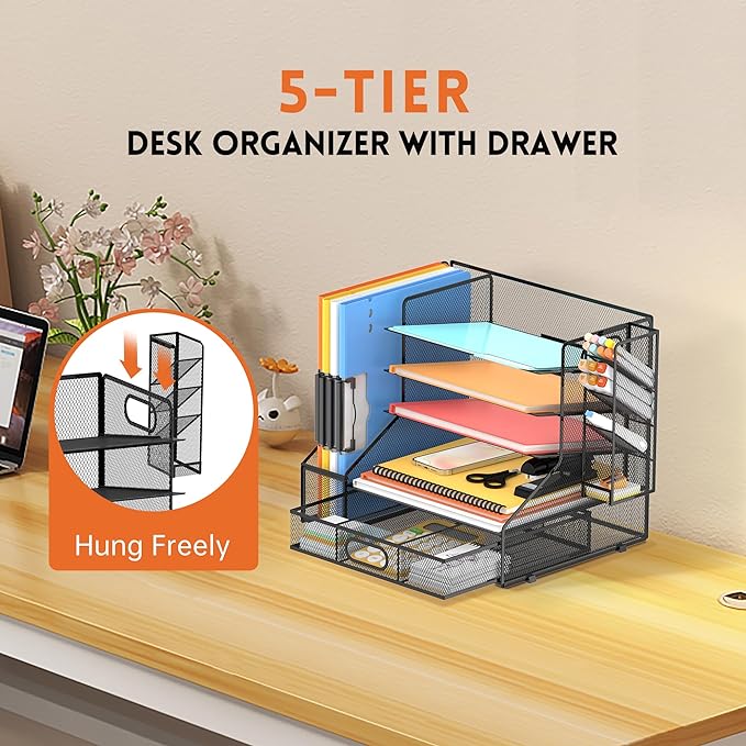 DALTACK Mesh Desk Organizer, 5-Tier Paper Letter Tray with File Holder & Pen Holder & Sliding Drawer, Desktop Organizer and Storage for Desk Accessories Office Supplies, Black