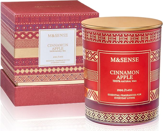 M&SENSE Cinnamon Apple Christmas Soy Candle, Natural Non Toxic 7.4oz 45 Hour Long Burning, Winter Luxury Holiday Candle for Home Scented, New Year Gifts for Men & Women
