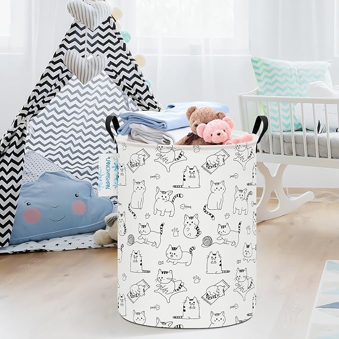 LANGYASHAN Laundry Basket Canvas Fabric Collapsible Organizer Basket for Storage Bin Toy Bins Gift Baskets Bedroom Clothes Children Nursery Hamper (Cat)