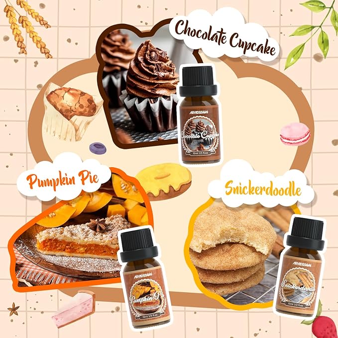 ARVIDSSON Bakery Essential Oils Set, Natural Fragrance Oil for Diffuser, Candle Making - Pumpkin Pie, Snickerdoodle, Gingerbread, Coffee Cake, Creamy Vanilla, Chocolate Cupcake
