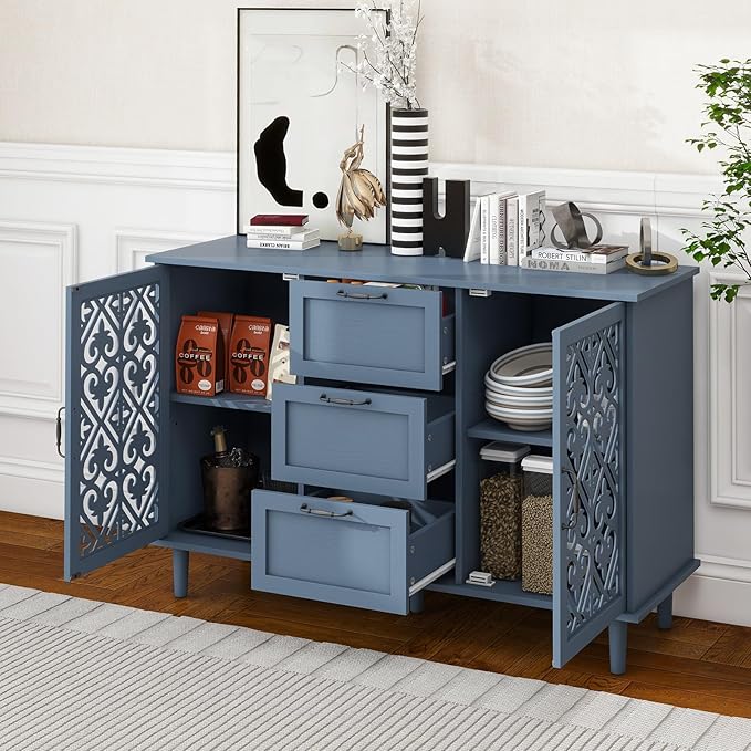 Blue 2 Doors 3 Drawers Buffet Sideboard Cabinet - Accent Cabinet with Adjustable Shelves，47 Inch Wide Wood Storage Cabinets for Dining Room,Living Room and Kitchen