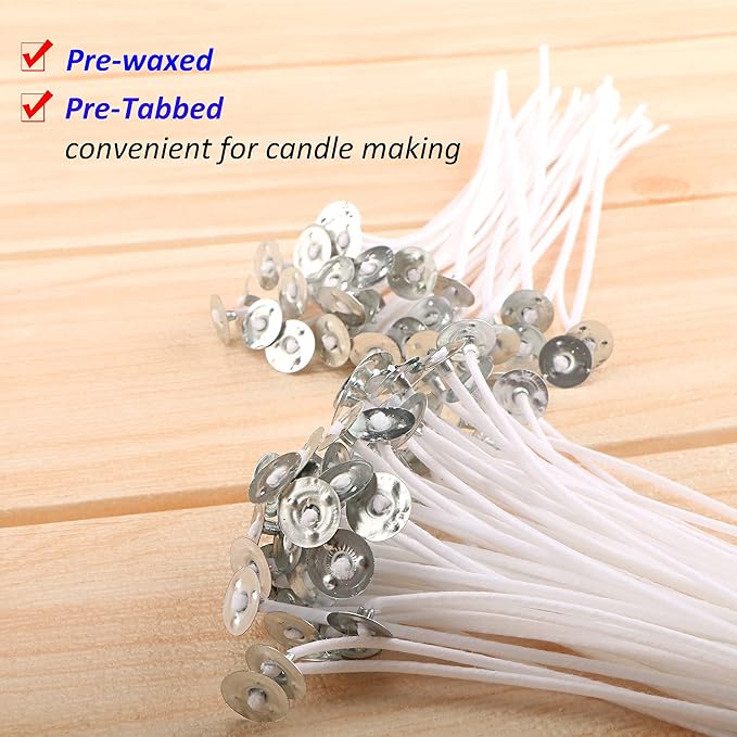 MILIVIXAY 300pcs Cotton Candle Wicks (3.5"/6"/8"), 300pcs Stickers, 6pcs Wooden Wick Holders - Candle Making Kit