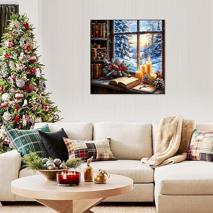 Accompany Wind Christmas Diamond Art Kits for Adults, Christmas Window Diamond Painting Kits, 5D Round Drill Diamonds Gem Art Craft for Home Wall Decor Gifts 14x14 Inch