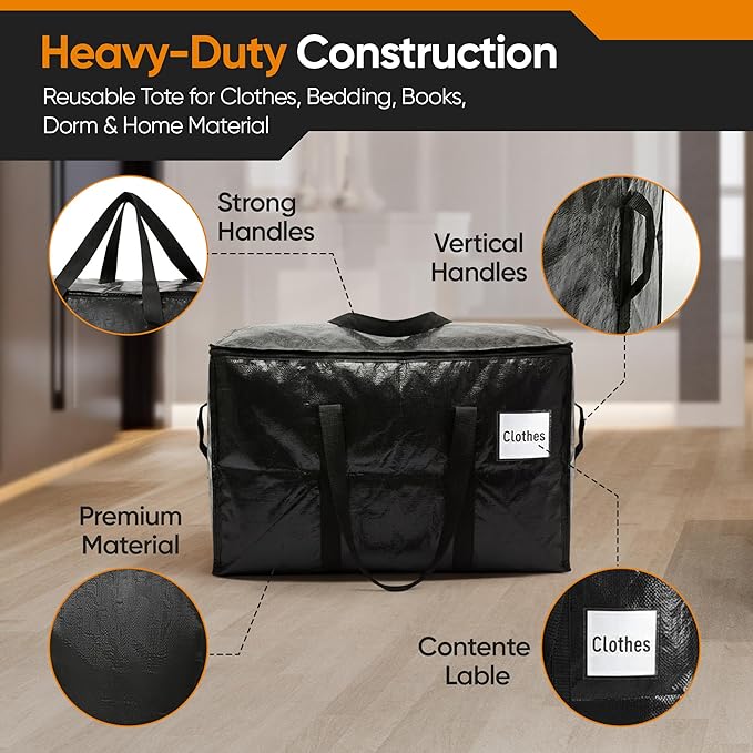 HOLDN’ STORAGE 10-Pack Moving Bags, Extra Large Storage Totes with Zipper Lids, Heavy-Duty Reusable for Clothes, Bedding, Books, 45 Gallons Each