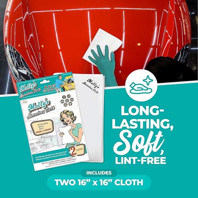 Molly's Marvelous Cloth, Streak-Free, Lint-Free Microfiber Cleaning Cloth, Polishing Cloth for Glass, Stainless Steel, Use for Kitchen, Bath, Cars, Detailing, Reusable (2pk, White)