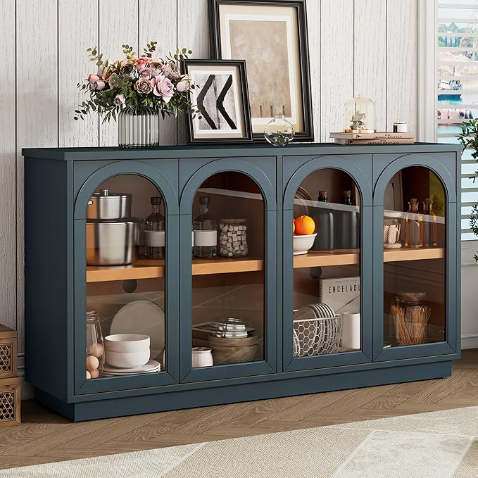 Amposei 57.7-Inch Vintage Sideboard Cabinet 4 Glass Door Storage Cabinet Buffet Console Table with Adjustable Shelves for Kitchen Entryway Dining Living Room, Navy