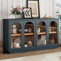 Amposei 57.7-Inch Vintage Sideboard Cabinet 4 Glass Door Storage Cabinet Buffet Console Table with Adjustable Shelves for Kitchen Entryway Dining Living Room, Navy