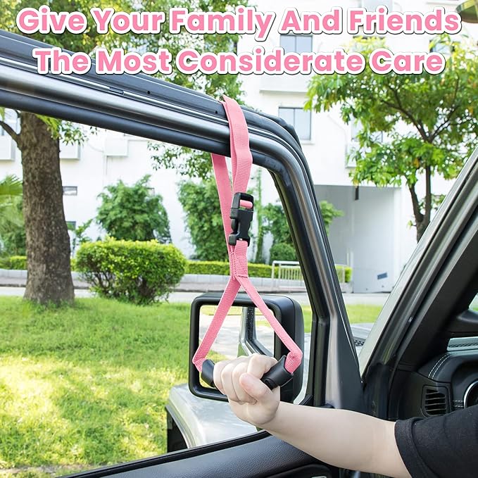 E-cowlboy Auto Cane Grab Handle - Adjustable Standing Aid Safety Portable Vehicle Support Bar With Nylon Grip - Mobility Assist Device (Pink)