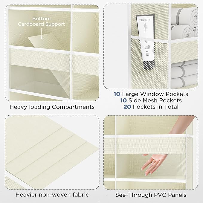 PureSpace 2 Pack 5-Tier Over The Door Organizer with 10 Side Mesh Pockets & Clear Windows, 80 lb Weight Capacity Hanging Storage for Bedroom, Nursery, Kitchen, Organize Toys, Shoes, Diapers(Beige