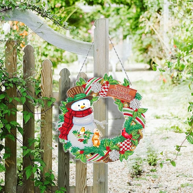Crystal Painting Snowman Wreath with LED Lights String DIY 5D Diamond Art Painting Christmas Wreaths Hanging Pendant Special Shaped Diamond Gem by Number Stitch Kits for Outdoor Porch Home Wall Decor