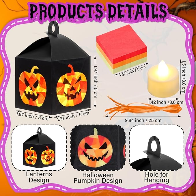 Simgoing 12 Sets Halloween Jack-O-Lantern Crafts with LED Candlelight Jack-o-Lantern Tissue Paper Crafts Kits DIY Pumpkin Suncatchers Lanterns Kits Hanging Spooky Supplies for Halloween Party Decors