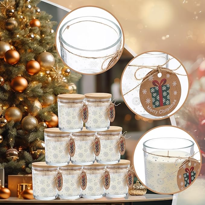 Potchen 12 Pcs Christmas Glass Candle Jars 7 oz Glass Jars Empty Containers with Bamboo Lids and Christmas Cards for Candle Making Storing Biscuits Holiday Tea Party Favors