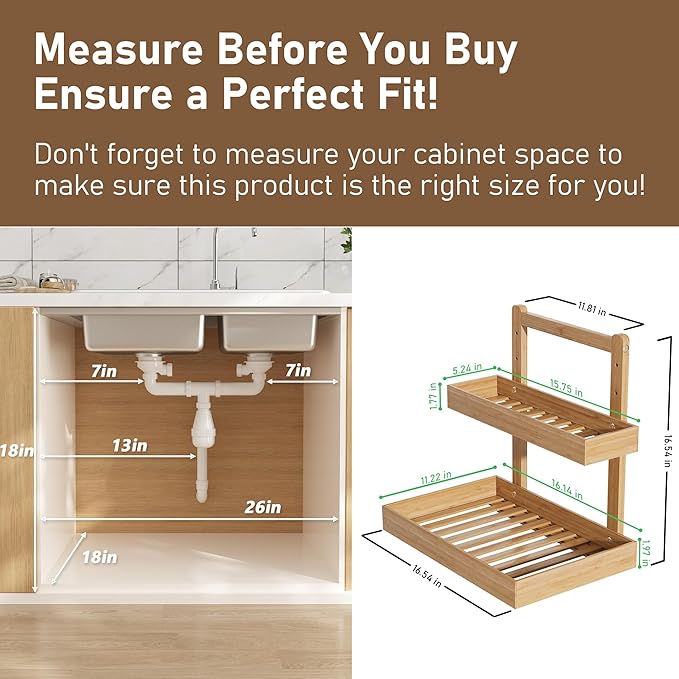 Bamboo Under Sink Organizer and Storage, 2 Tier Pull Out Cabinet Organizer, Slide Out Under Sink Storage Shelf, Undersink Organizers Shelves for Kitchen Bathroom Organization (Nature, 2 Packs)