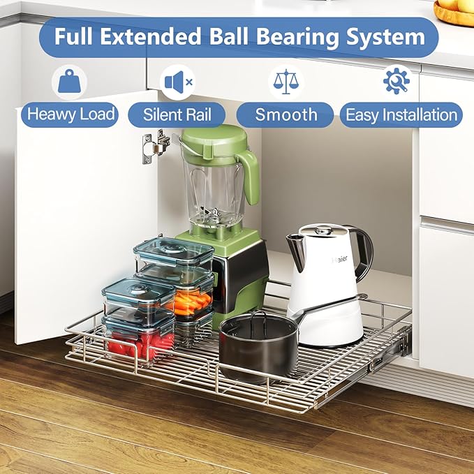 ROOMTEC Pull Out Cabinet Organizer, Slide Out Shelves 31" W x 21" D, Heavy Duty Kitchen Cabinet Organizers, Neutral