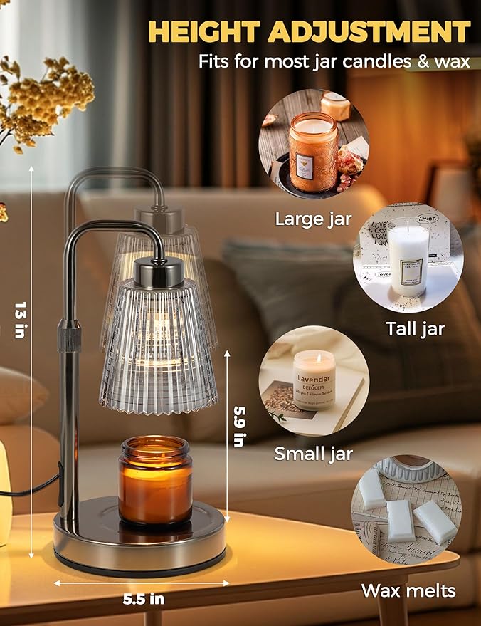 GODONLIF Candle Warmer Lamp with Timer, Adjustable Height Candle Warmer, Dimmable, Home Decor, Wax Warmer Lamp for Jar Candles with 2 Bulbs, Gray