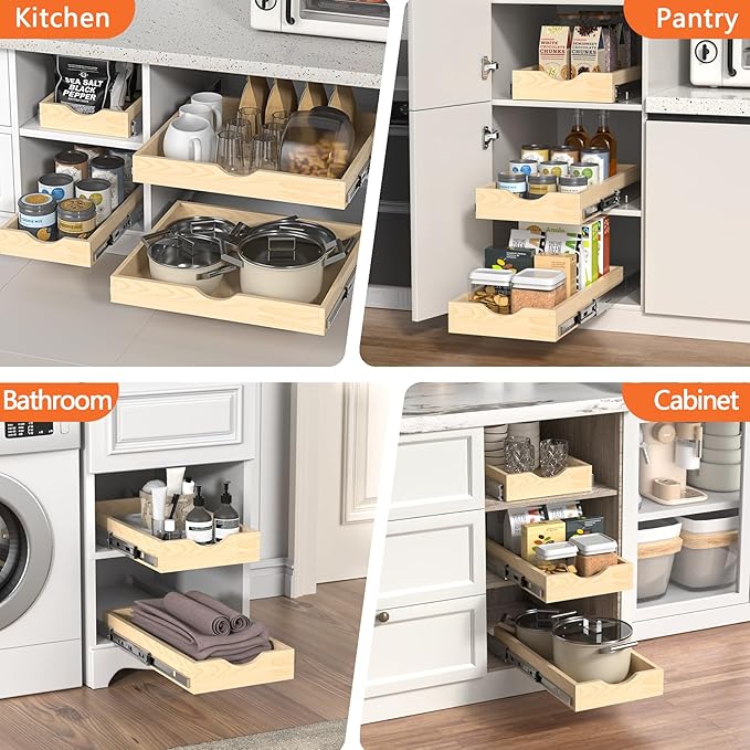 ZOINLIY Wooden Pull Out Cabinet Organizer, Slide Out Drawer for Kitchen Organizers and Storage, Soft Close, Heavy Duty, Fully Expandable