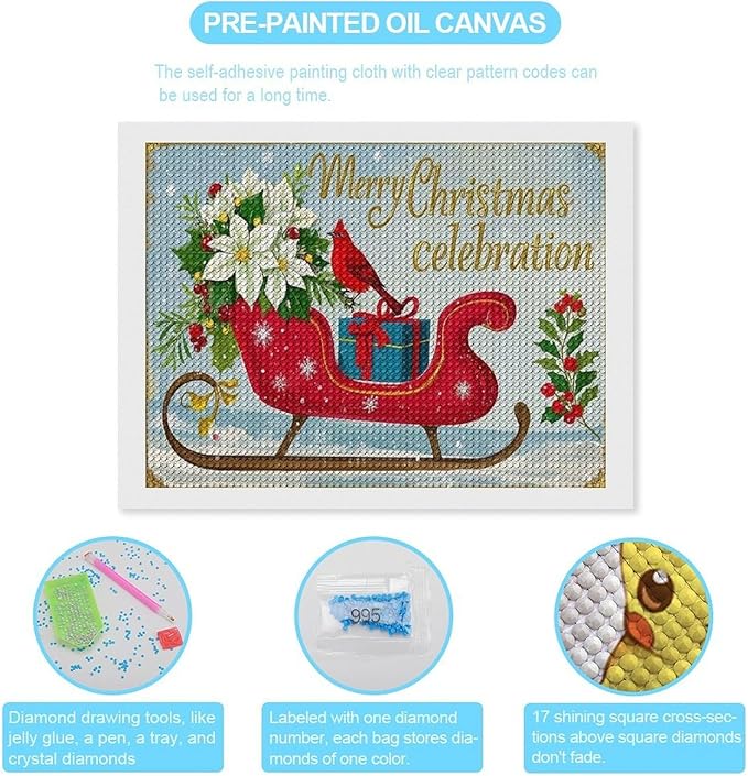 Diamond Painting Kits for Adults - Red Sleigh with Poinsettias, Cardinal Bird Merry Christmas Painting DIY 5D Full Drill Diamond Dots Paintings with Diamonds Gem Art And Crafts Home Decor 12"x16"