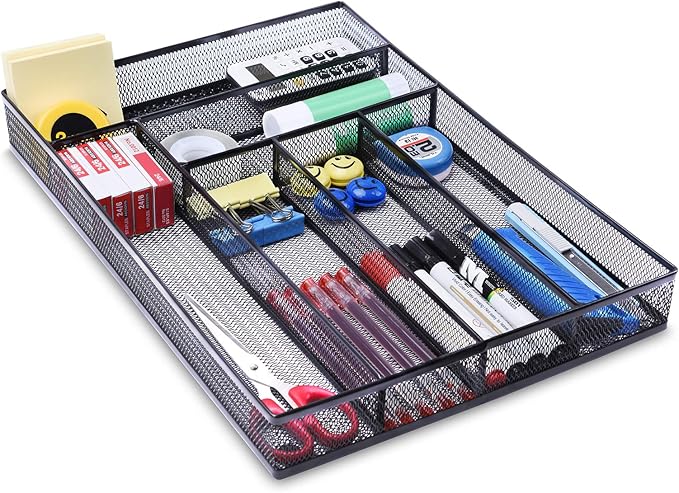 WuGeShop Desk Drawer Organizer with 6 Compartments, Mesh Drawer Organizer Tray for Stationery, Office Supplies Desktop Storage, Black