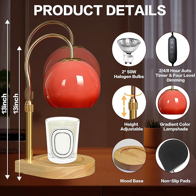 Candle Warmer Lamp with Timer 2H/4H/8H, Adjustable Height Dimmable Candle Lamp with 2 Bulbs, Wax Melt Warmer for Jar Candles, House Warming, Home Decor, Christmas Gifts for Women, Mom(Red)