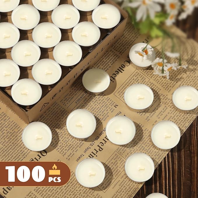 Soy Tea Lights Candles 100 Pack,4 Hours Long Burning-Natural Soy Wax Tealights Candles,Paraffin-Free,Unscented,Clean Burn Tea Lights Votive Candle Bulk for Weddings,Dinner
