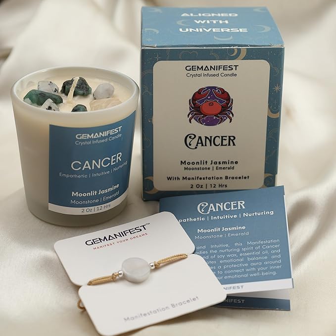 Cancer Zodiac Candle for Manifestation with Moonstone Bracelet Jasmine Soy Candles for Home Scented Zodiac Sign Gifts for Women Birthday Birthstone Gifts