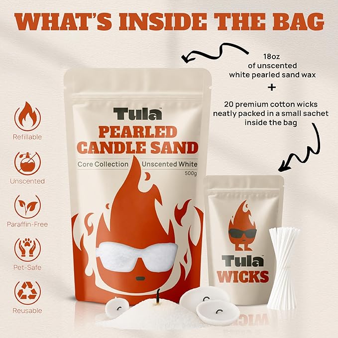Tula Sand Candles – White Pearled Candle Sand – 18 oz Refillable Soy Wax, Unscented & Paraffin-Free, with 20 Wicks, Pet-Safe for DIY Candle Making & Home Decor