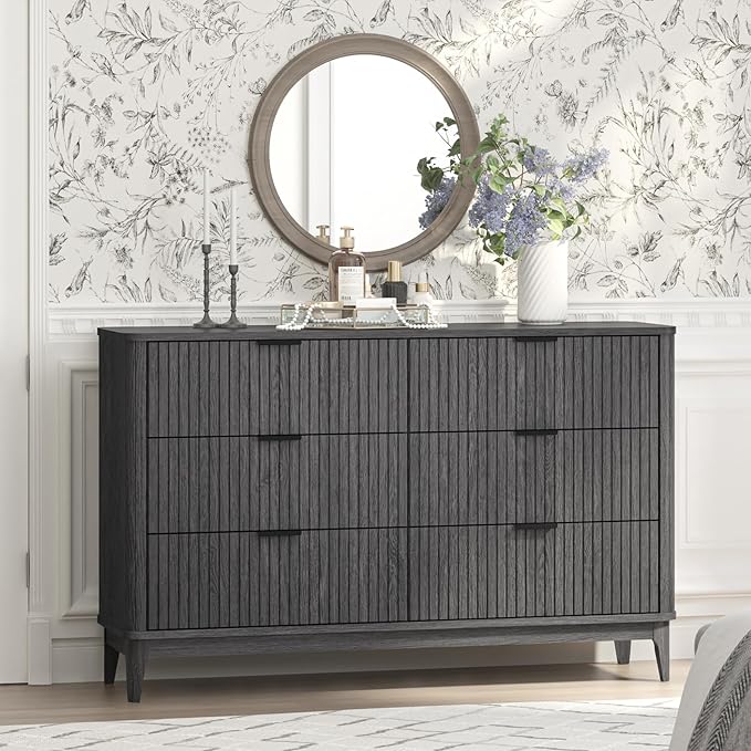 Fluted 6 Drawer Dresser for Bedroom,53'' Wide Large Closet Dresser 6 Chest of Drawers,Wooden Storage Organizer Drawer, Modern TV Stand for Bedroom, Living Room Hallway Black