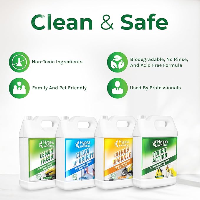 Hygea Natural Cleaning Starter Kit - 1 Gallon - Eco-Friendly Household Cleaners - Degreaser, All Purpose Cleaner, Glass Cleaner, & Tile and Grout Cleaner - Kids & Pet-Friendly (4 Pack)