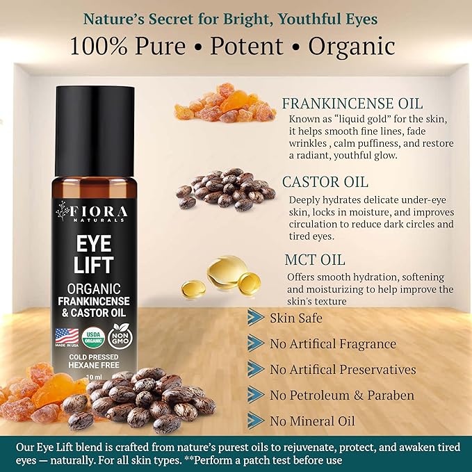 Organic Castor Oil and Frankincense Roll On – 100% Pure Hexane Free Eye Oil for Under Eye, Reduces Wrinkles, Dark Circles & Puffiness, Frankincense Essential Oil for Face Roller by Fiora Naturals