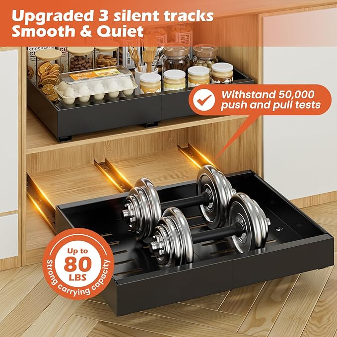 lockincar 1Pack Expandable Pull Out Cabinet Organizer 21" Deep, Adjustable Width 12.2"-20.4" Slide Out Drawers & Roll Out Shelves for Kitchen Cabinets, Easy Install with Double-Sided Adhesive, Black