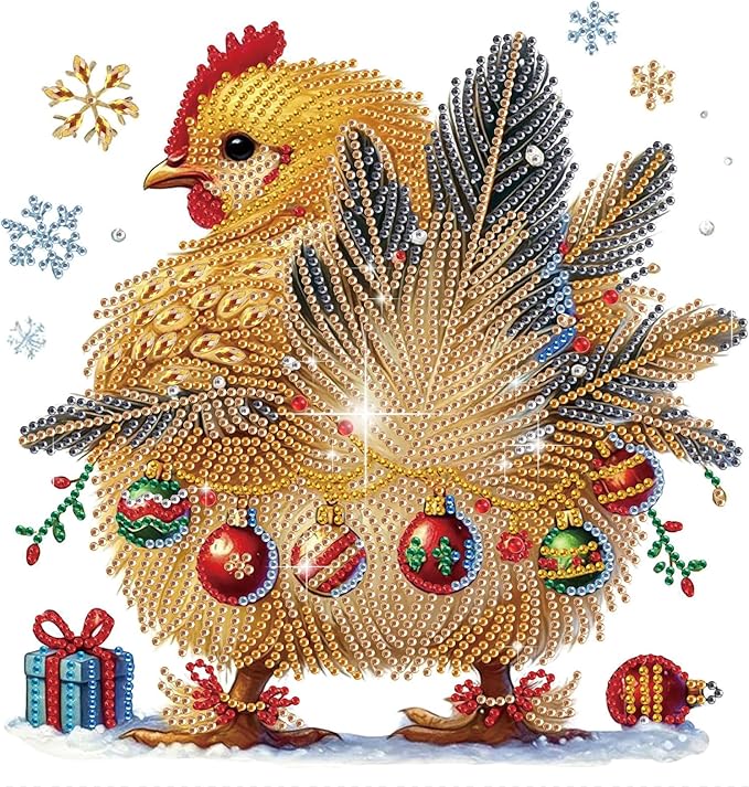 antor Christmas Diamond Painting Kit, 5D Special Shape Diamond Art for Adults, Decorated Rooster in Snow Crystal Rhinestones Diamond Painting Canvas, Holiday Christmas Home Wall Decor Crafts Gift