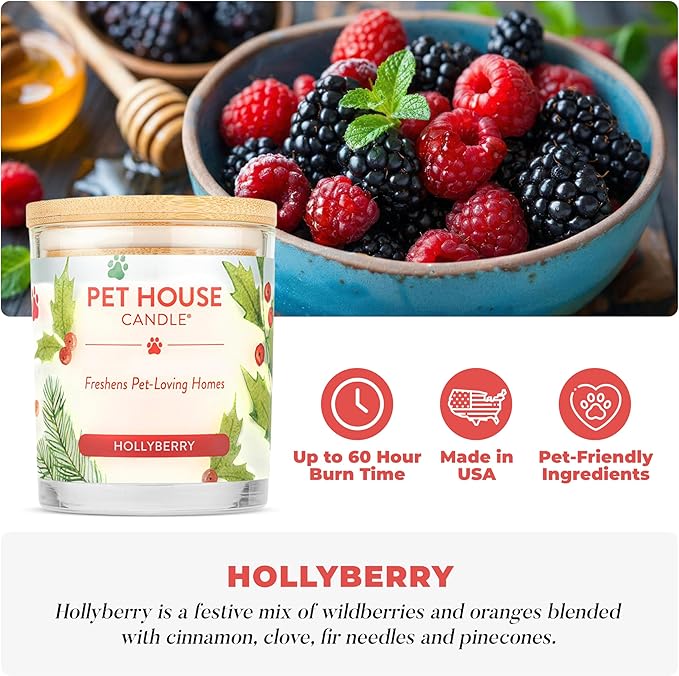 One Fur All Pet House Candle Plant-Based/Soy - Clean Burning Scented, Long Lasting Pet Odor Candle for Home - Hollyberry