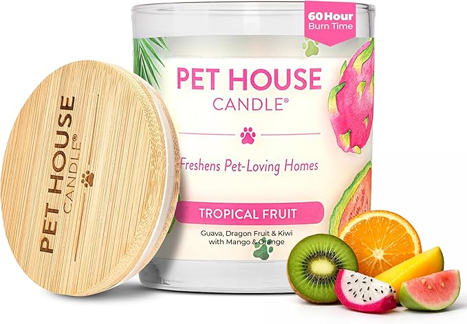 Pet House Candles, Clean Burning, Long Lasting Pet Odor Candles, Plant-Based, 60 Hour Burn Time - Tropical Fruit, 9 oz
