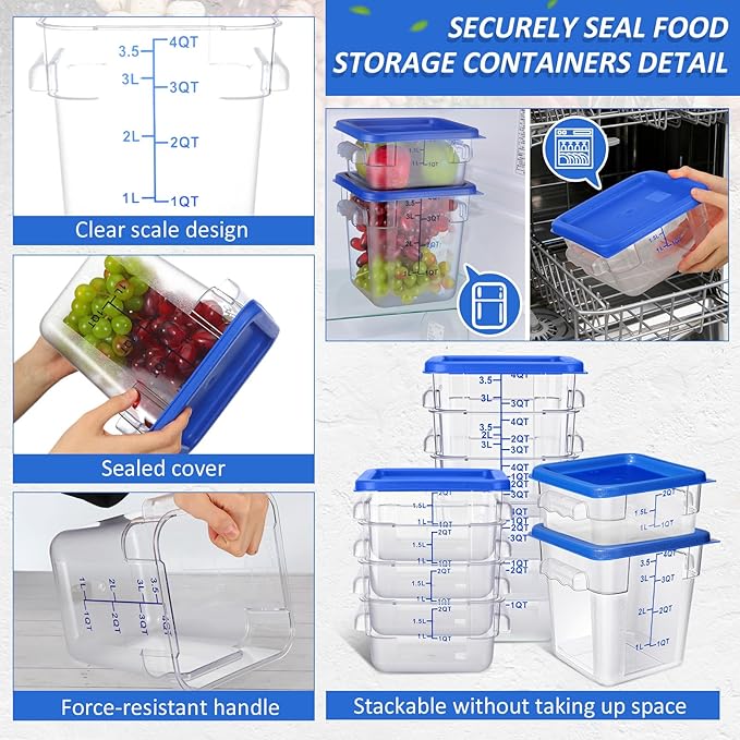 Yungyan 16 Pcs Restaurant Food Storage Containers with Lids Set 2Qt and 4Qt Commercial Restaurant Square Storage Containers Clear Food Cereal Container for Kitchen Freezer (Blue Lids)