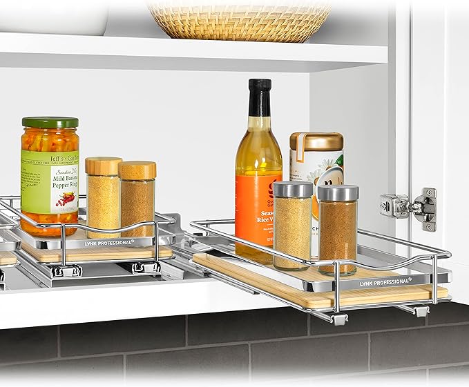LYNK PROFESSIONAL® Élite™ Pull Out Spice Rack Organizer for Inside Kitchen Cabinets - 6-3/8 inch Wide - Slide Out Drawer – Wood/Chrome Sliding Spice Organization for cabinet - Spice Racks - 1 Tier