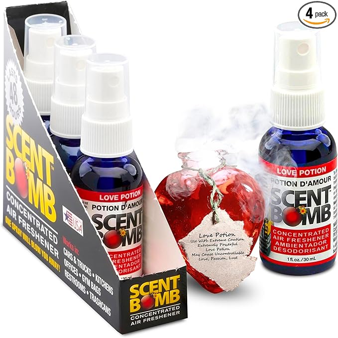 Scent Bomb Air Freshener Spray, Long-Lasting Odor Eliminator - Effective Deodorizer for Home & Car, Fresh Room Spray for Kitchen, Bathroom & Smell Neutralizer - 1 oz Pack of 4, Love Potion Scent