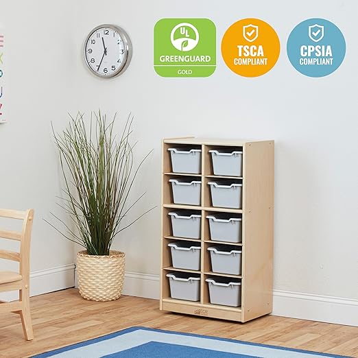 ECR4Kids 10 Cubby Tray Cabinet with Scoop Front Storage Bins, 5x2, Natural, Classroom Furniture, Light Grey