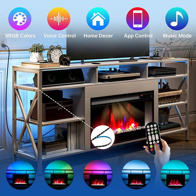 TC-HOMENY 60" TV Stand with 27.5" Electric Fireplace, TV Console with Power Strip for TVs Up to 70", Entertainment Center Storage Cabinet and LED Strip Lights with Remote Control Living Room White