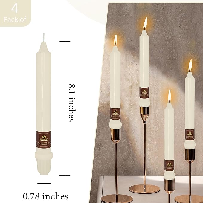 Ivory Candlesticks 8 Inch Handmade Dripless Taper Candles Unscented Colored Candle Set, Pack of 4 - Up to 5 Hours Burn