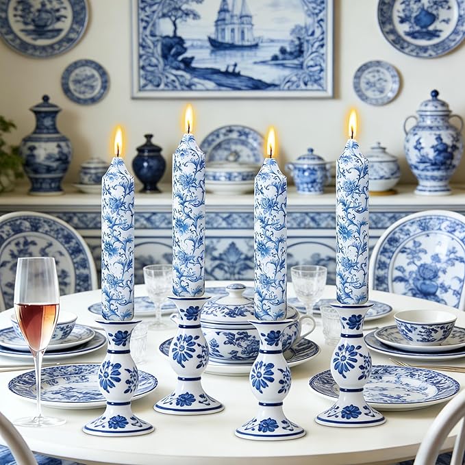 7 Inch Blue and White Tapered Candles Short Floral Candle Sticks Hand Poured Unscented Smokeless Clean Burning Candles for Dining Table Everyday Meals Family Dinner Elegance