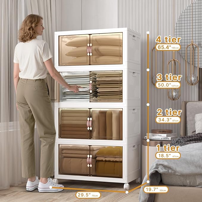 Extra Large Stackable Storage Bins with Lids & Wheels, 672QT-168QT/42GAL*4Pack Foldable Collapsible Closet Organizers Storage Cabinet with Doors for Bedroom Dorm